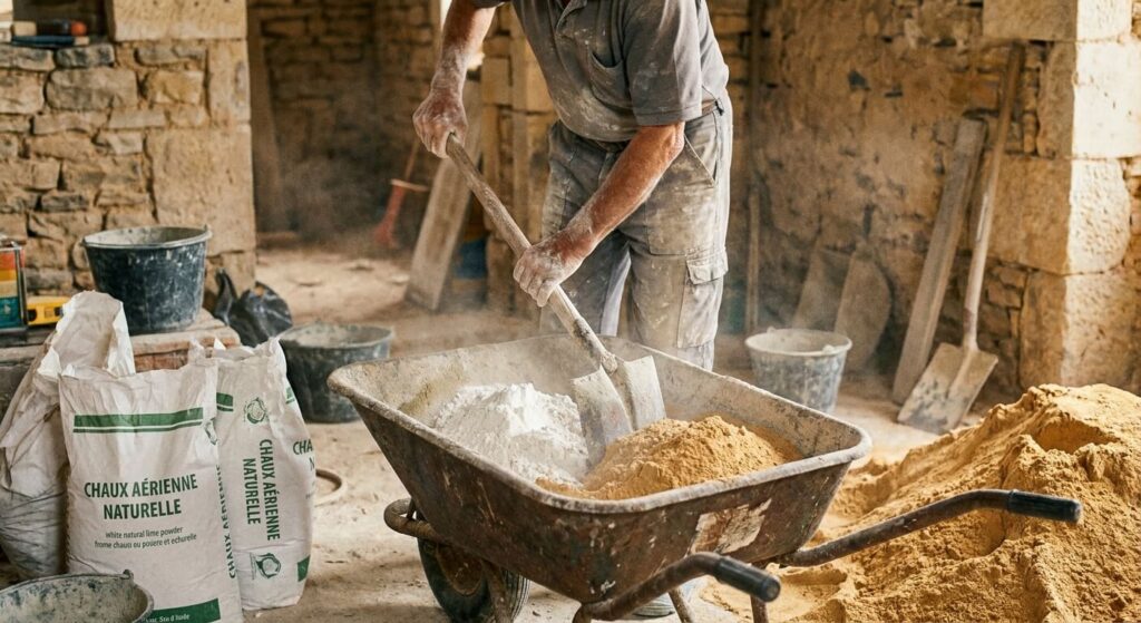 Maçon préparant un mortier traditionnel dans une brouette en mélangeant de la chaux naturelle et du sable