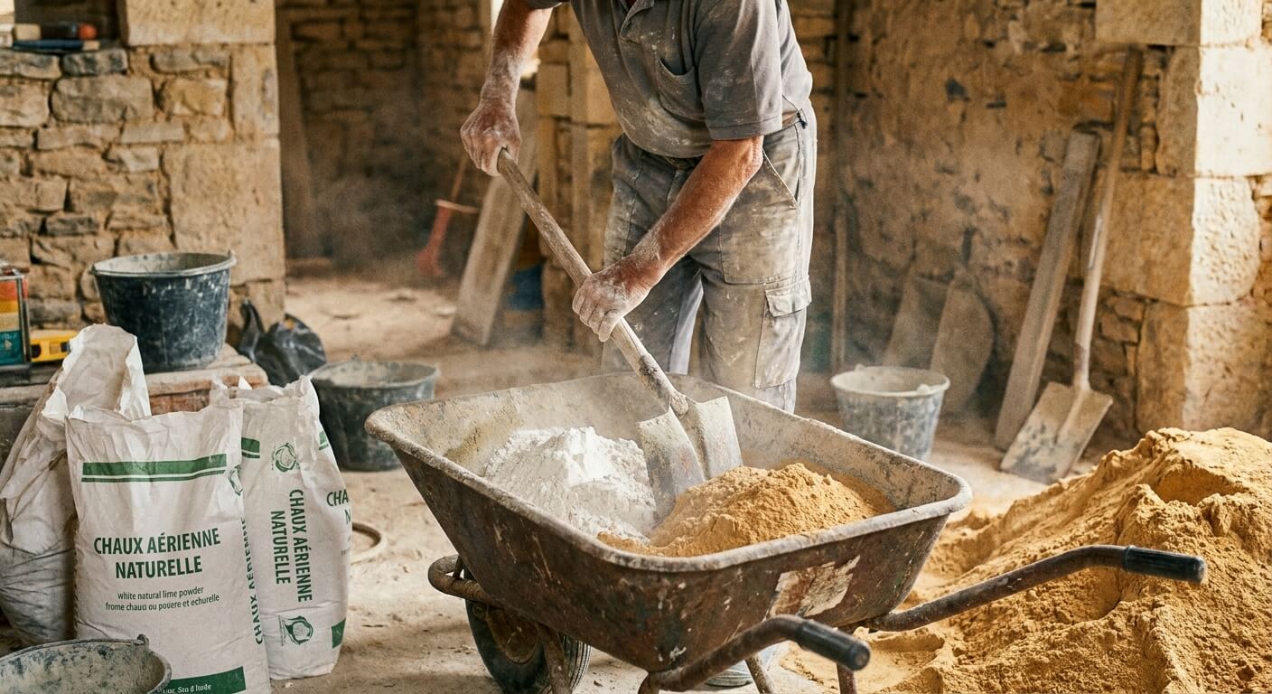Maçon préparant un mortier traditionnel dans une brouette en mélangeant de la chaux naturelle et du sable