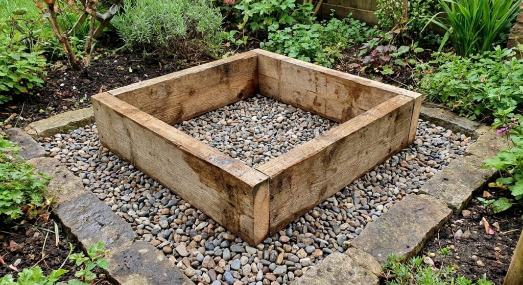 Coffrage en bois carré de petite dimension posé sur un lit de graviers dans un jardin