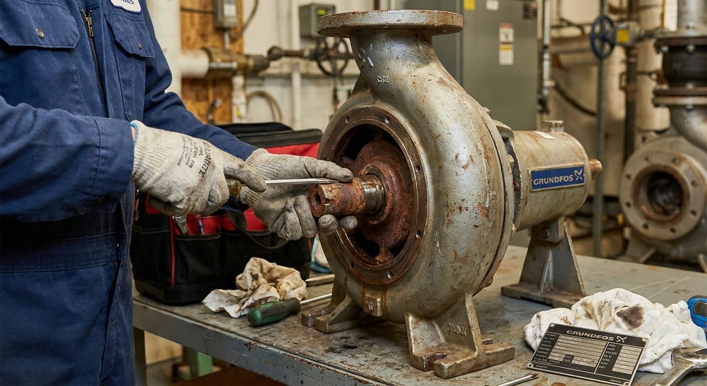 Technicien utilisant un tournevis plat pour dégommer l'axe central d'une pompe Grundfos