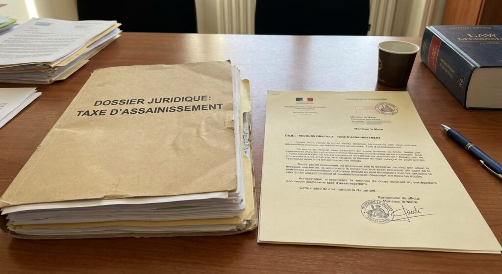 Dossier juridique et lettre de recours gracieux adressée à une mairie concernant la taxe d'assainissement