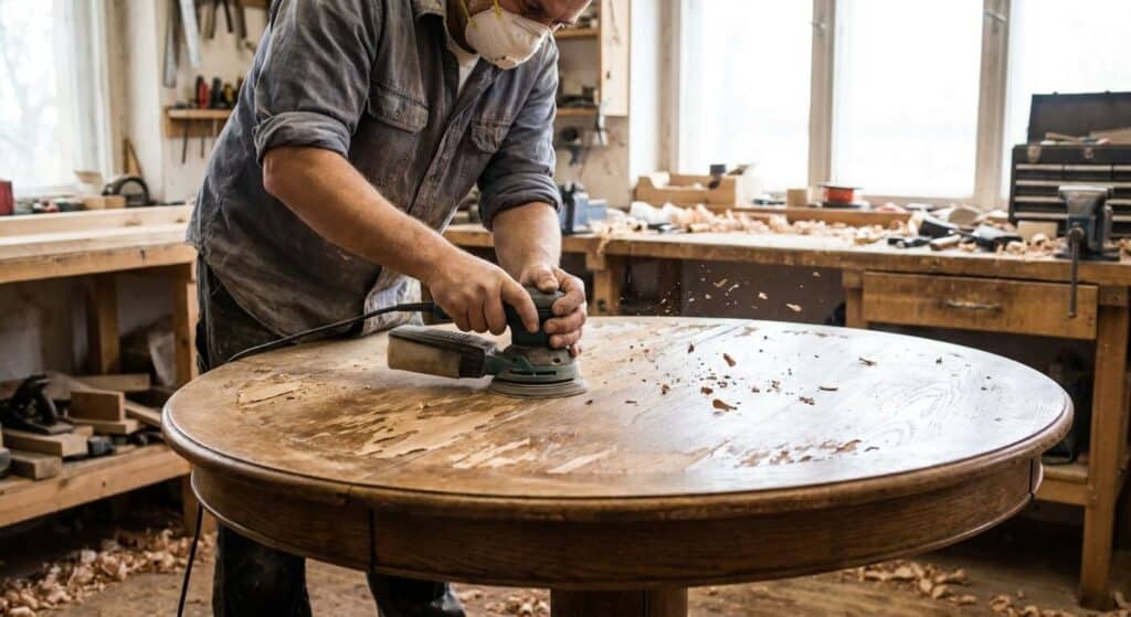 Artisan ponçant le vernis écaillé du plateau d'une ancienne table ronde en chêne massif