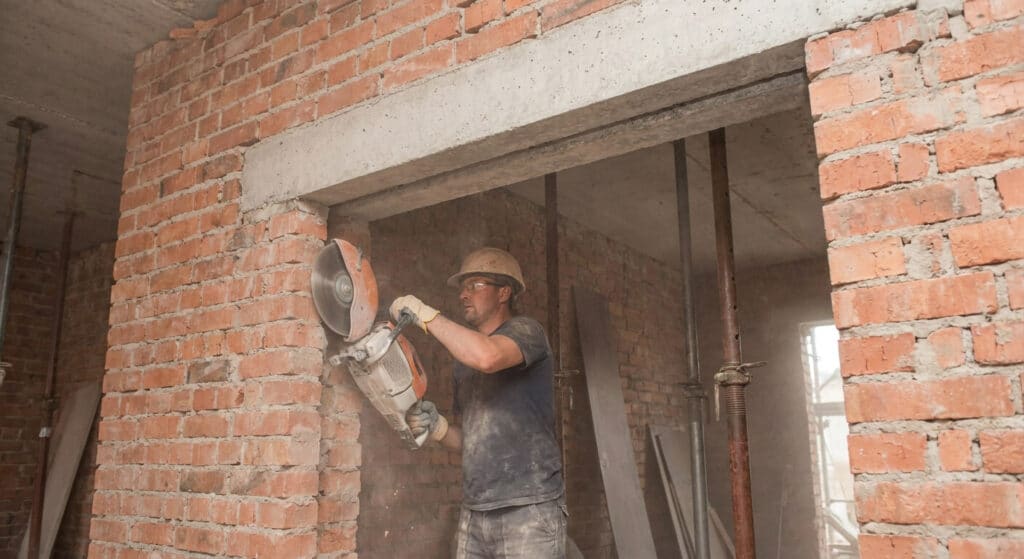 Maçon réalisant une ouverture dans un mur porteur en briques soutenu par un linteau en béton armé