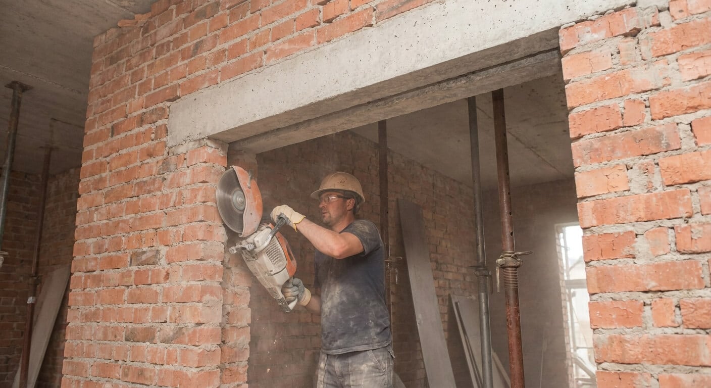 Maçon réalisant une ouverture dans un mur porteur en briques soutenu par un linteau en béton armé