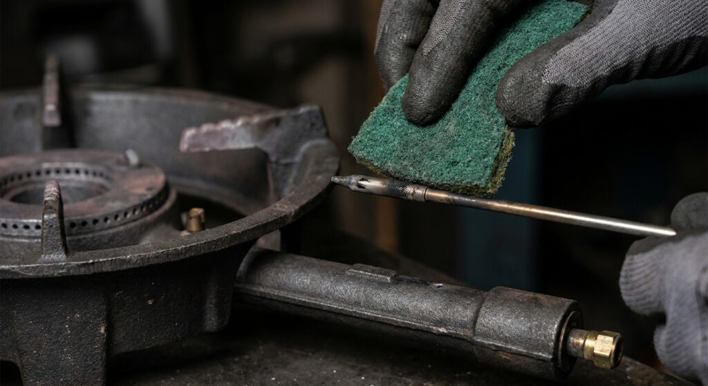 Nettoyage de la pointe métallique du thermocouple près du brûleur avec une éponge abrasive