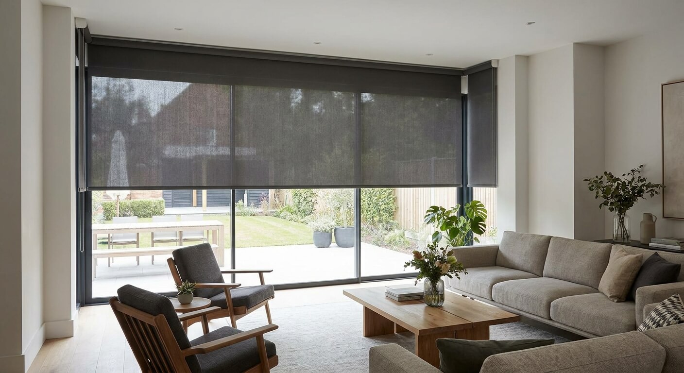 Un grand store enrouleur gris anthracite fabriqué sur mesure installé sur une baie vitrée de salon contemporain.