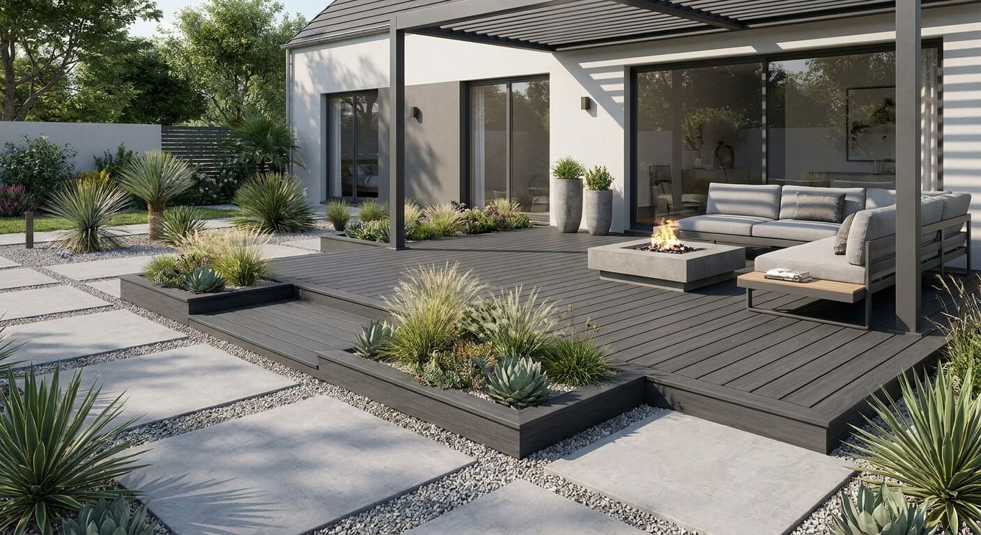 Lames de terrasse en composite gris anthracite installées dans un jardin contemporain.