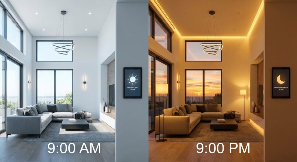 Salon moderne avec un éclairage intelligent qui s'ajuste automatiquement selon l'heure de la journée.