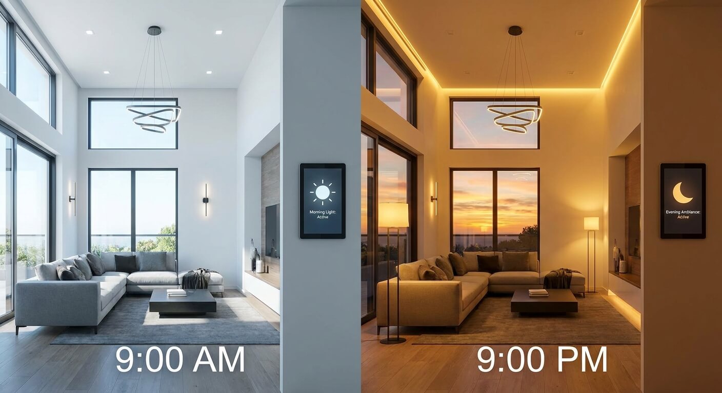 Salon moderne avec un éclairage intelligent qui s'ajuste automatiquement selon l'heure de la journée.