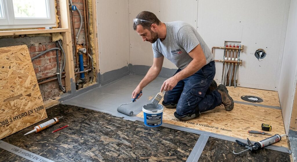 Artisan préparant un plancher en panneaux OSB hydrofuges avant l'installation d'une douche