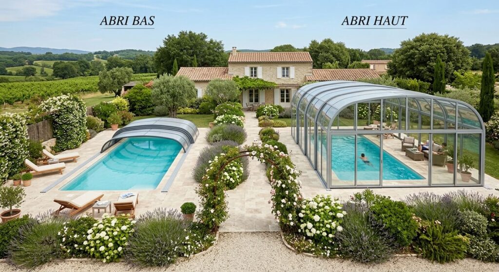 Vue d'ensemble montrant la différence visuelle entre un abri de piscine bas et un abri de piscine haut dans un jardin.