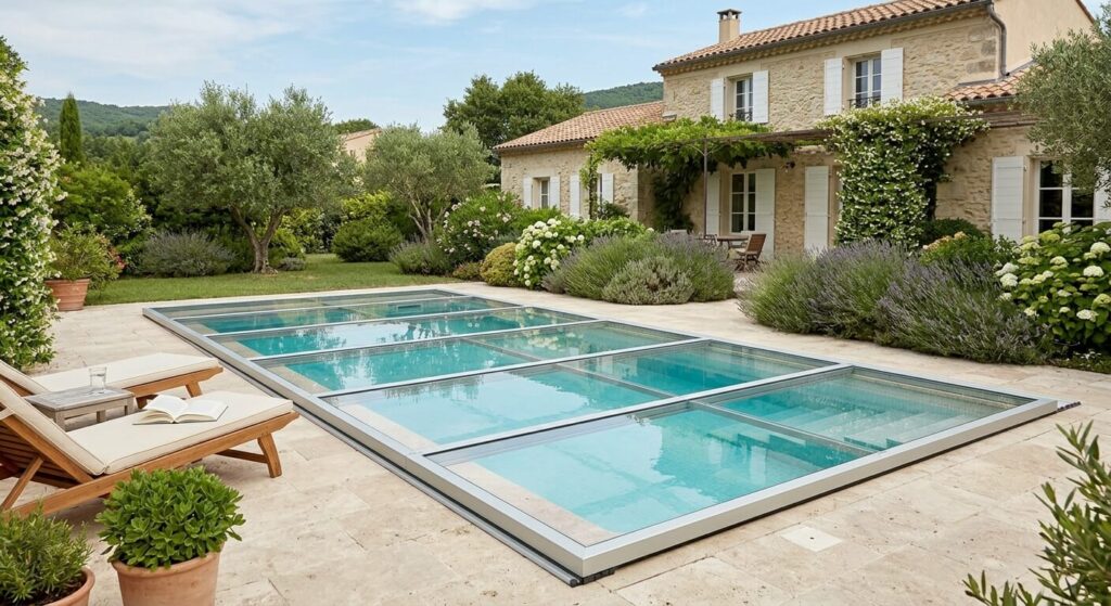 Un abri de piscine plat ultra-discret installé au niveau des margelles pour préserver l'esthétique de la terrasse.