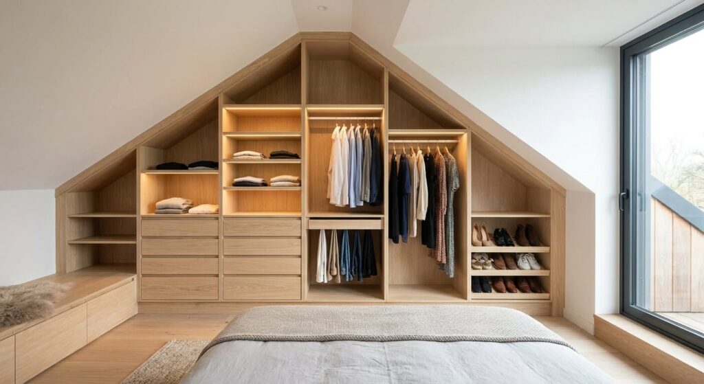 Un aménagement de dressing sur mesure en bois clair intégré harmonieusement sous la pente d'une chambre parentale moderne.