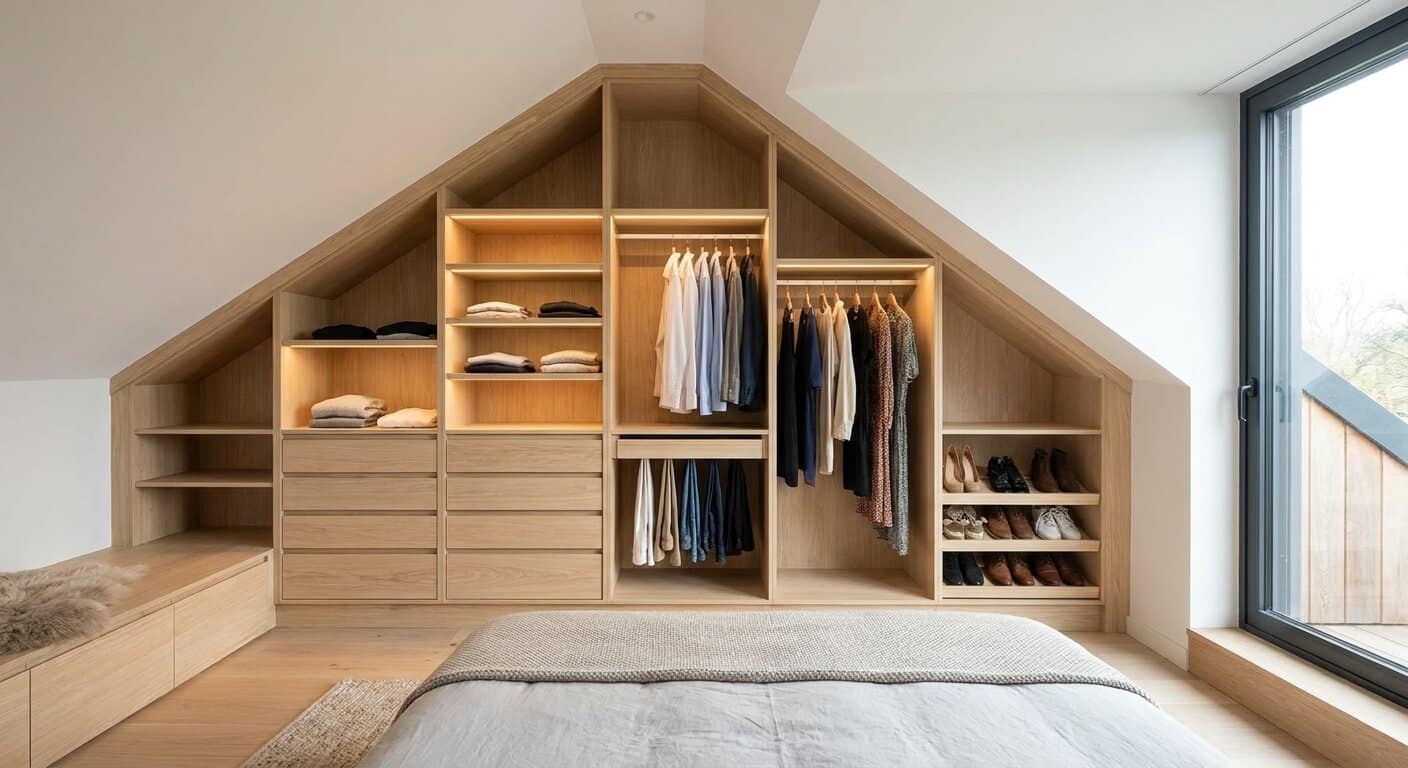Un aménagement de dressing sur mesure en bois clair intégré harmonieusement sous la pente d'une chambre parentale moderne.