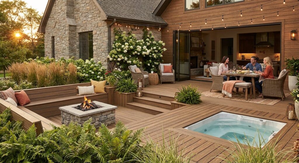 Vue d'ensemble d'une terrasse en composite chaleureuse intégrée harmonieusement à l'habitat.