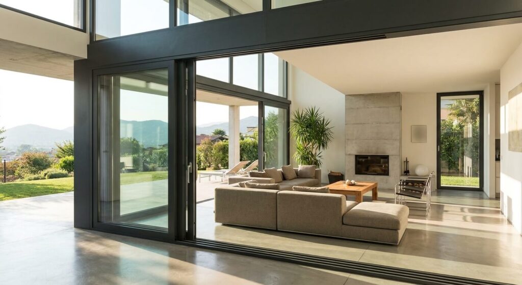 Pourquoi choisir une menuiserie aluminium à Marseille pour rénover son habitation ? 3 Grande baie vitrée coulissante en aluminium gris anthracite offrant une luminosité maximale dans un salon moderne.