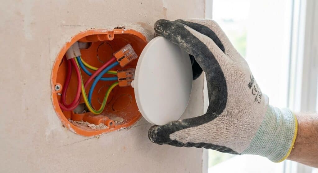 Pose d'une plaque d'obturation blanche (cache-trou) sur une boîte d'encastrement contenant des fils isolés