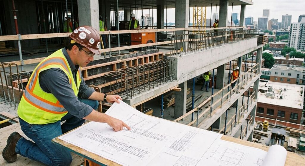Ingénieur structure vérifiant les plans de ferraillage pour l'agrandissement d'un balcon en porte-à-faux