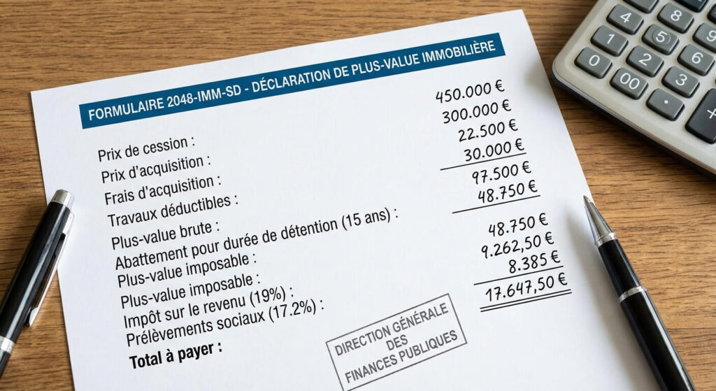Document fiscal illustrant le calcul de la plus-value immobilière lors de la cession d'un bien immobilier
