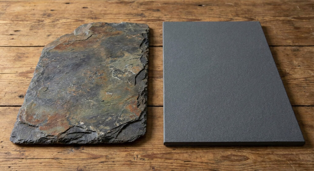 Comparaison de texture entre une ardoise naturelle irrégulière et une ardoise synthétique en fibrociment.