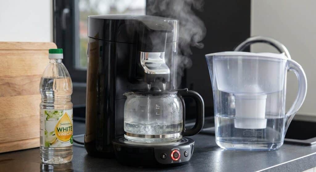 Cycle de détartrage d'une cafetière à dosette avec un mélange d'eau et de vinaigre blanc