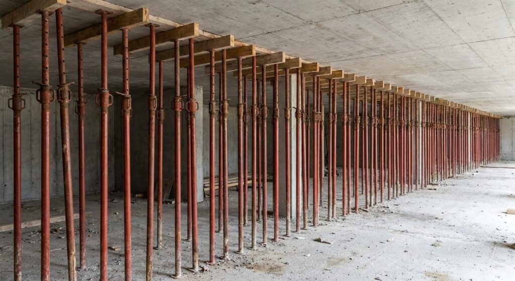 Alignement d'étais métalliques de maçonnerie pour soutenir le plancher supérieur pendant les travaux