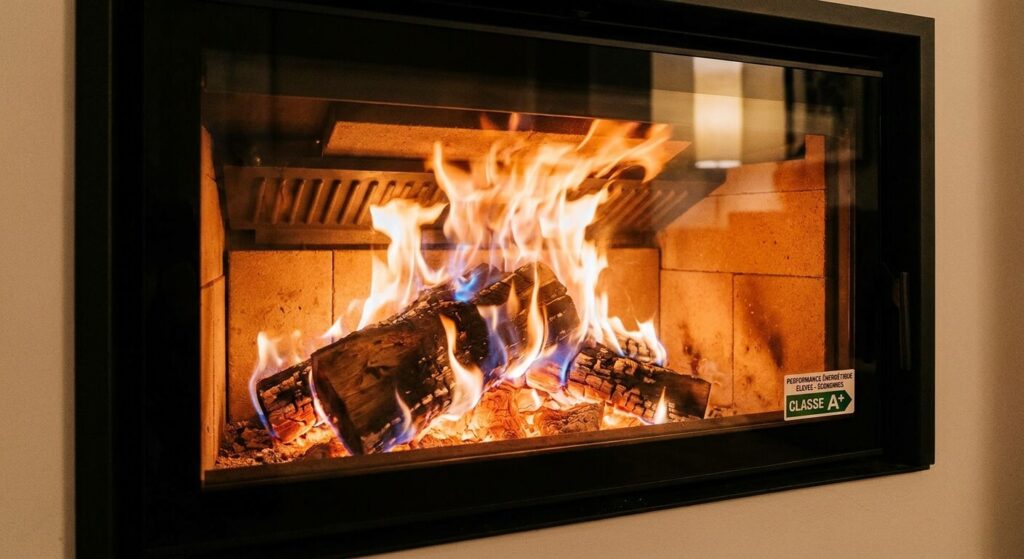 Zoom sur les flammes derrière la vitre d'un insert à bois haute performance pour réduire sa facture de chauffage.