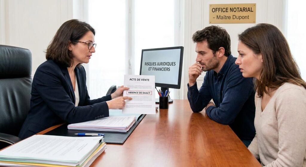 Notaire expliquant les risques liés à l'absence de DAACT lors de la signature d'un acte de vente immobilier