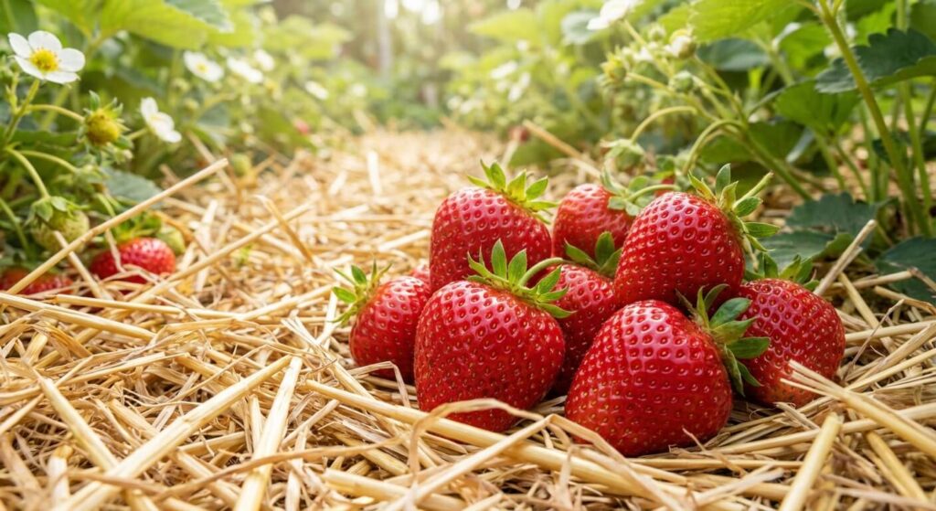 De belles fraises rouges et mûres reposant proprement sur un paillage naturel en paille de blé.
