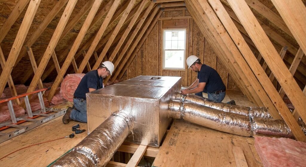 Installation d'un plénum de distribution aéraulique isolé dans les combles d'une maison neuve