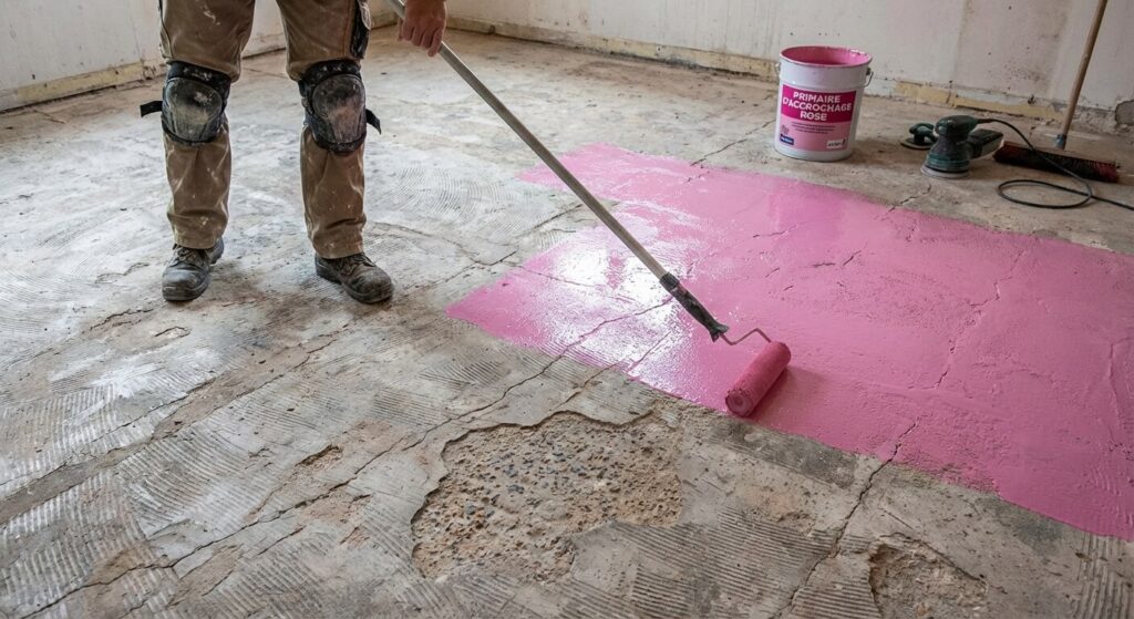 Application au rouleau d'un primaire d'accrochage rose sur un vieux ragréage poncé