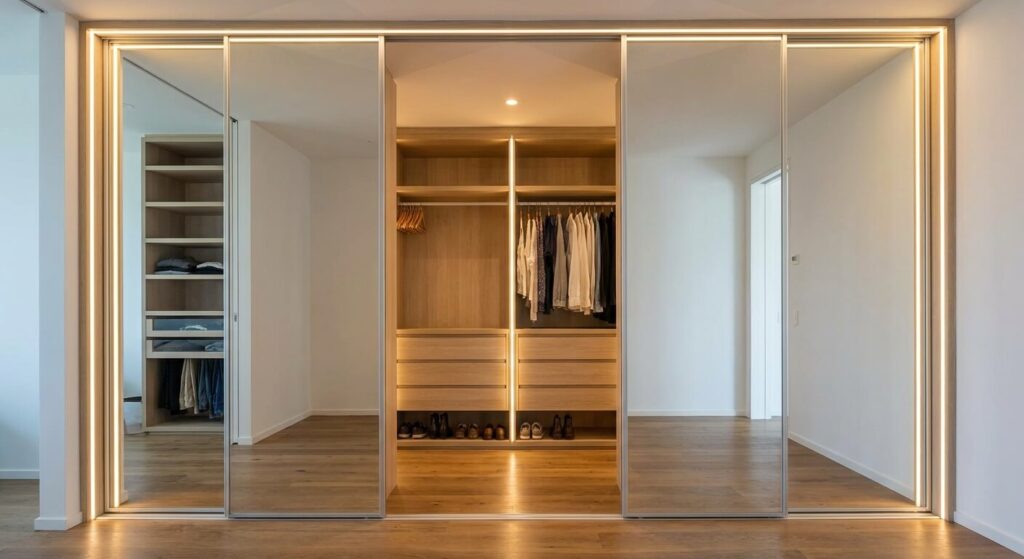 Un dressing contemporain équipé de portes coulissantes avec de grands miroirs et d'un éclairage LED intégré pour agrandir l'espace.