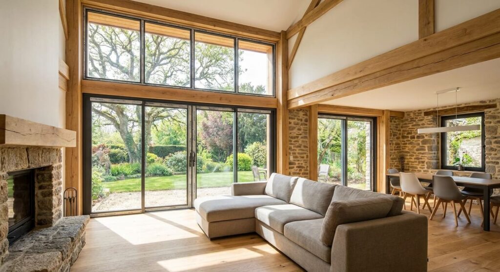 De larges fenêtres et baies vitrées sur mesure à haute isolation thermique équipant le salon d'une habitation rénovée.