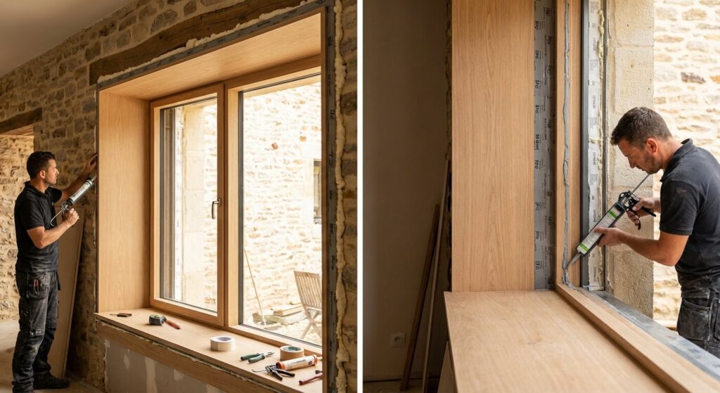 Installation d'une fenêtre sur mesure avec des finitions soignées pour améliorer l'étanchéité thermique.