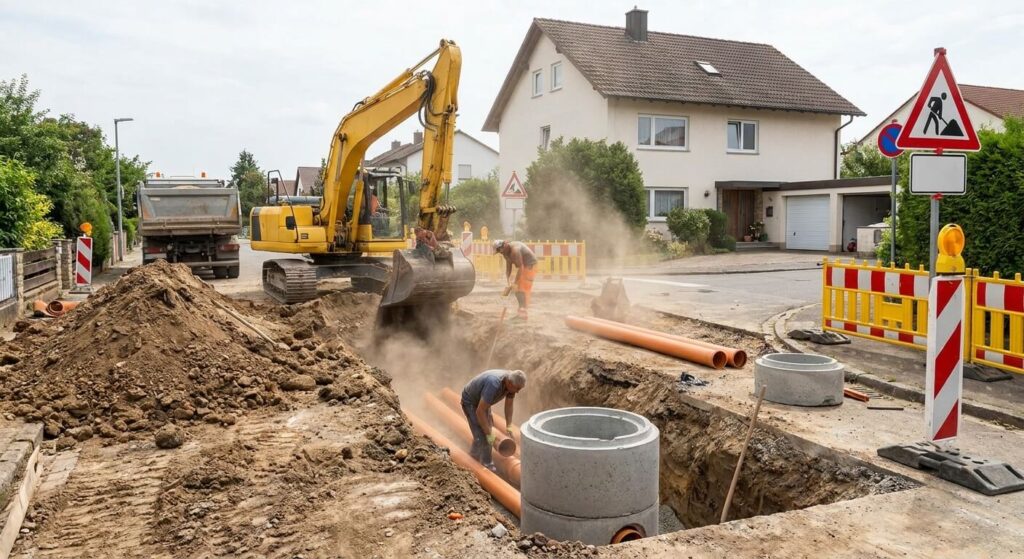 Travaux de terrassement pour le raccordement d'une maison individuelle au réseau public du tout-à-l'égout