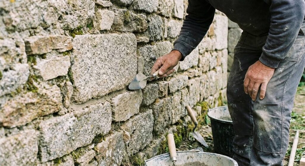 Remplissage soigné des joints d'un vieux mur en pierre apparente avec une truelle langue de chat