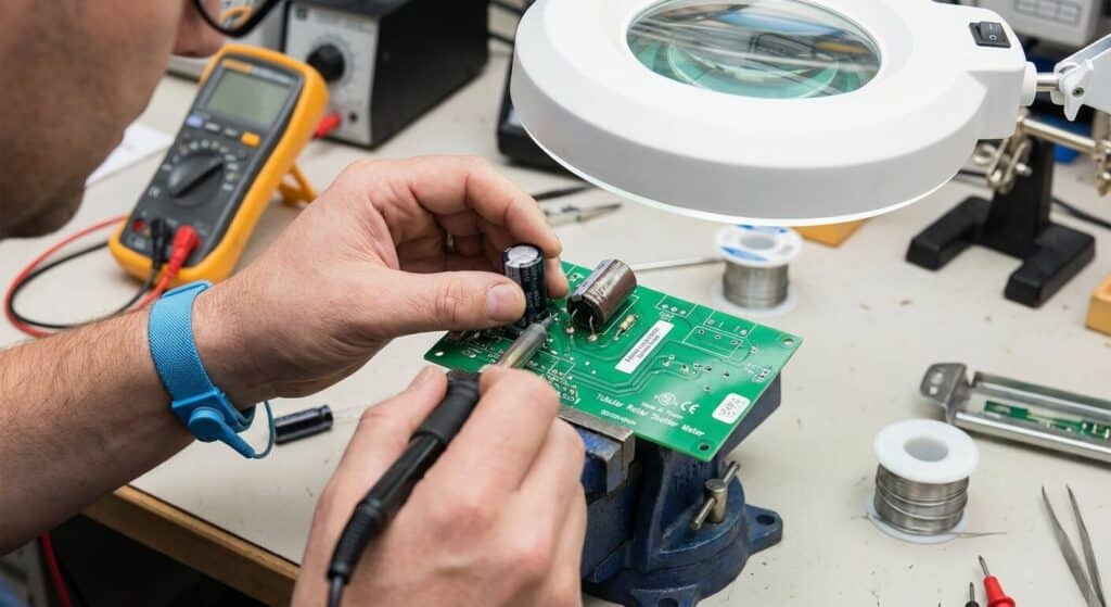 Électronicien remplaçant le condensateur usé sur la carte électronique d'un moteur de volet roulant