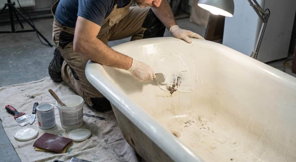 Artisan appliquant une résine époxy blanche pour réparer l'émail abîmé d'une baignoire en fonte