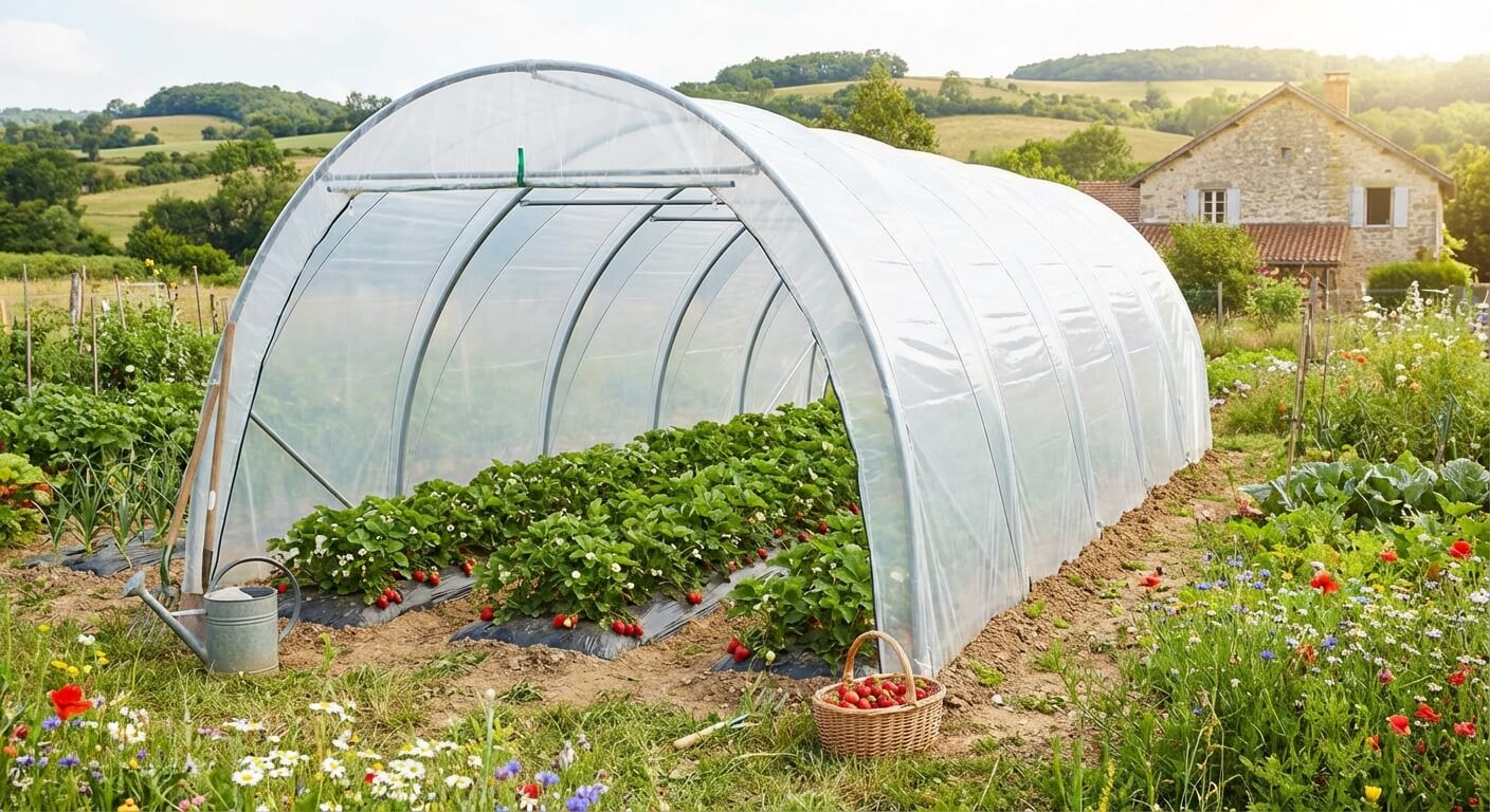 Une serre tunnel spacieuse installée dans un potager familial pour protéger les rangées de fraisiers.