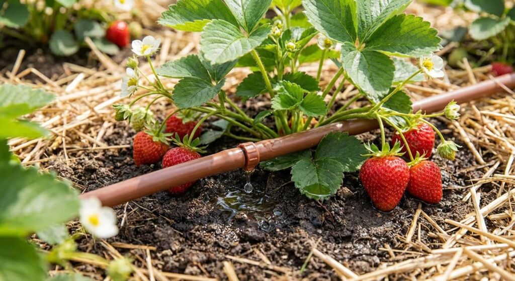 Système d'arrosage au goutte-à-goutte placé directement au pied d'un plant de fraises pour une irrigation précise.
