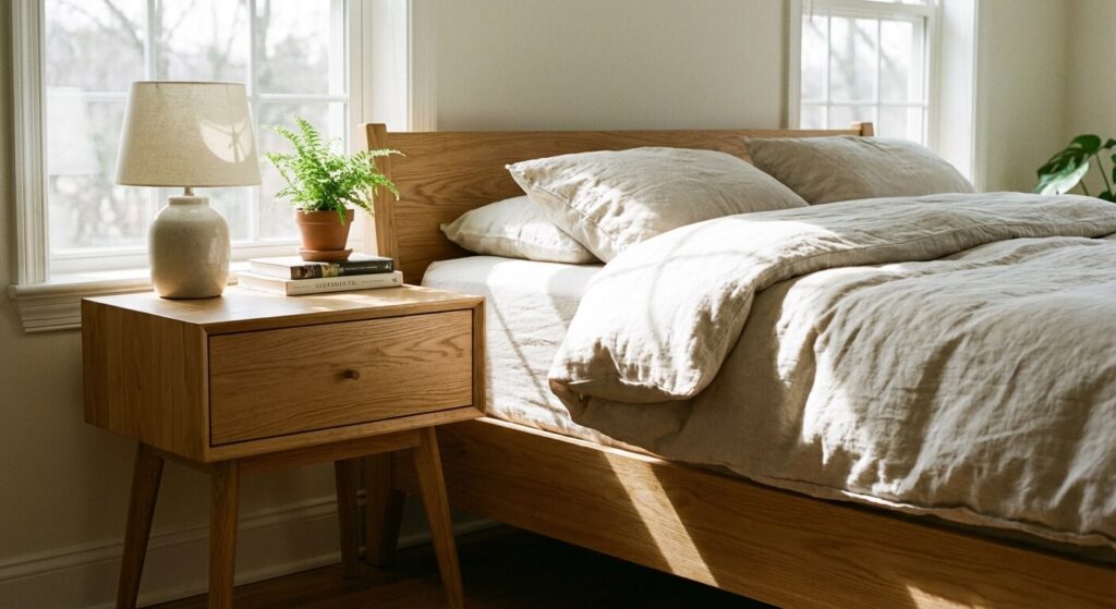 Table de chevet en bois massif parfaitement alignée à la hauteur du matelas dans une chambre lumineuse.