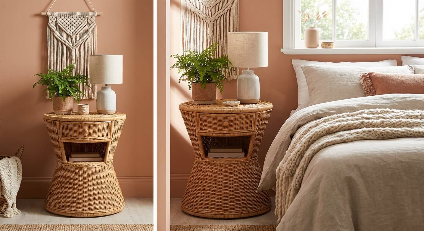 Table de nuit en rotin tressé apportant une touche bohème et chaleureuse à la décoration de la chambre.