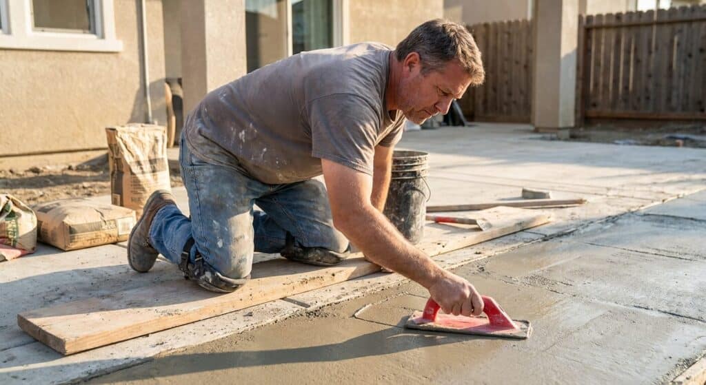 Bricoleur agenouillé en train de lisser la surface d'un ciment frais avec une taloche en plastique