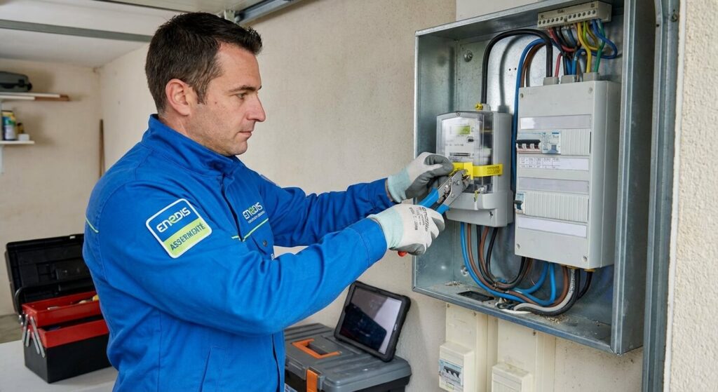 Technicien Enedis assermenté apposant un nouveau scellé de sécurité sur un tableau électrique domestique