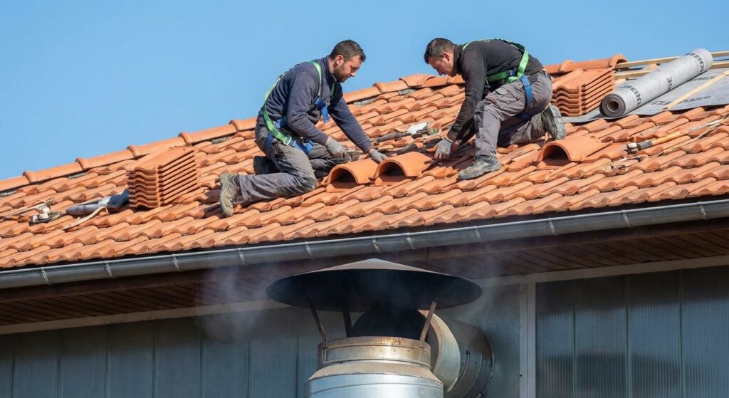 Installation de tuiles chatières sur la toiture pour assurer l'extraction de l'air chaud généré par le moteur