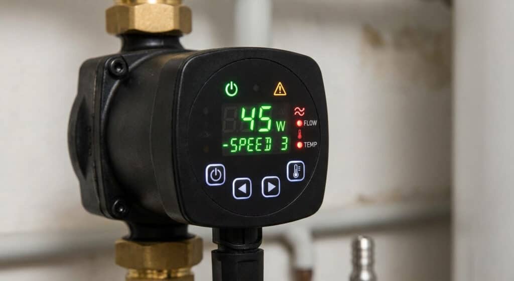 Affichage lumineux des voyants de contrôle sur la façade d'un circulateur d'eau