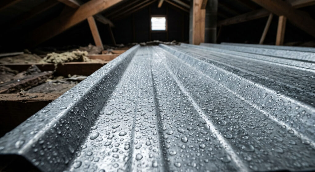 Formation de gouttes d'eau par condensation sous la tôle d'une couverture en bac acier