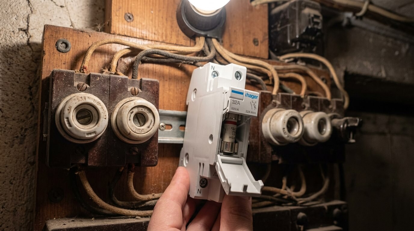 Porte-fusible de marque Hager abaissé sur un tableau électrique ancien pour remplacer la cartouche