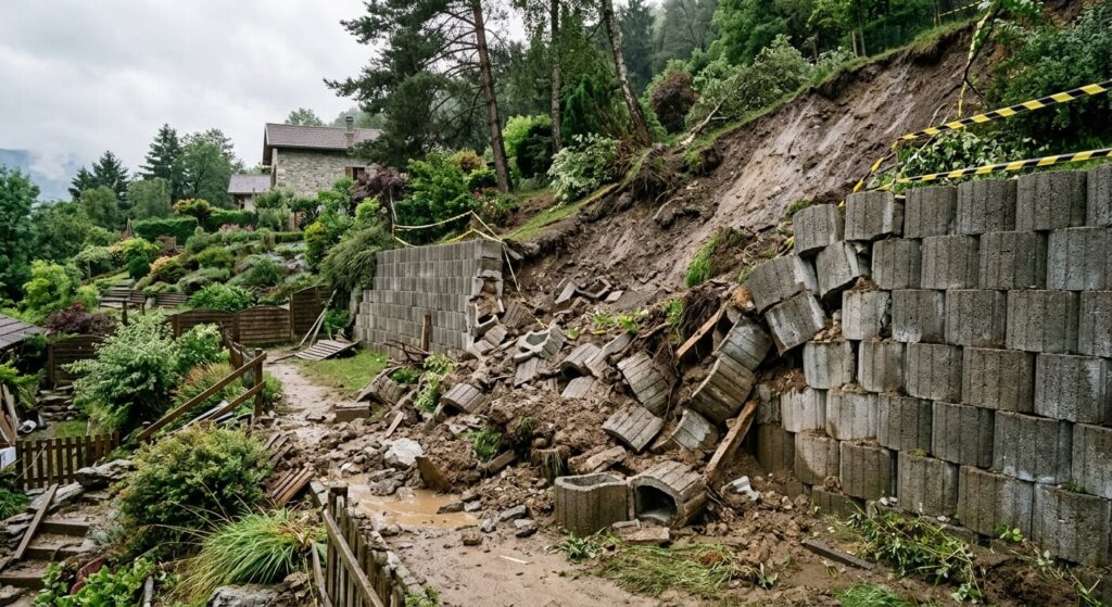 Glissement de terrain boueux ayant provoqué l'éboulement d'un mur de soutènement en blocs de béton dans un jardin