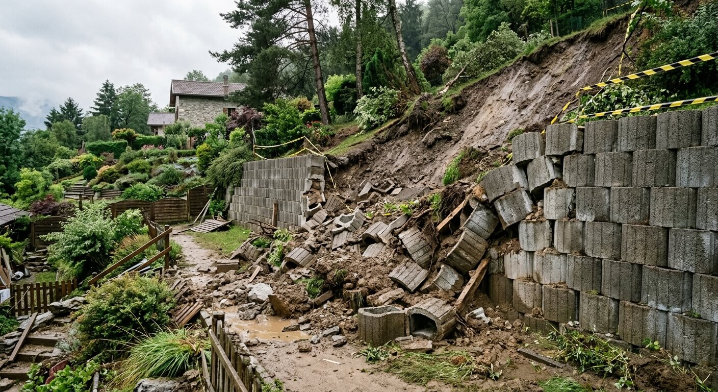 Glissement de terrain boueux ayant provoqué l'éboulement d'un mur de soutènement en blocs de béton dans un jardin